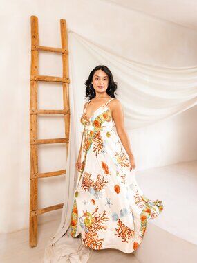 White Coral Print Maxi Dress Women Vacation Resort Beach Sundress V Neck Plus 2X